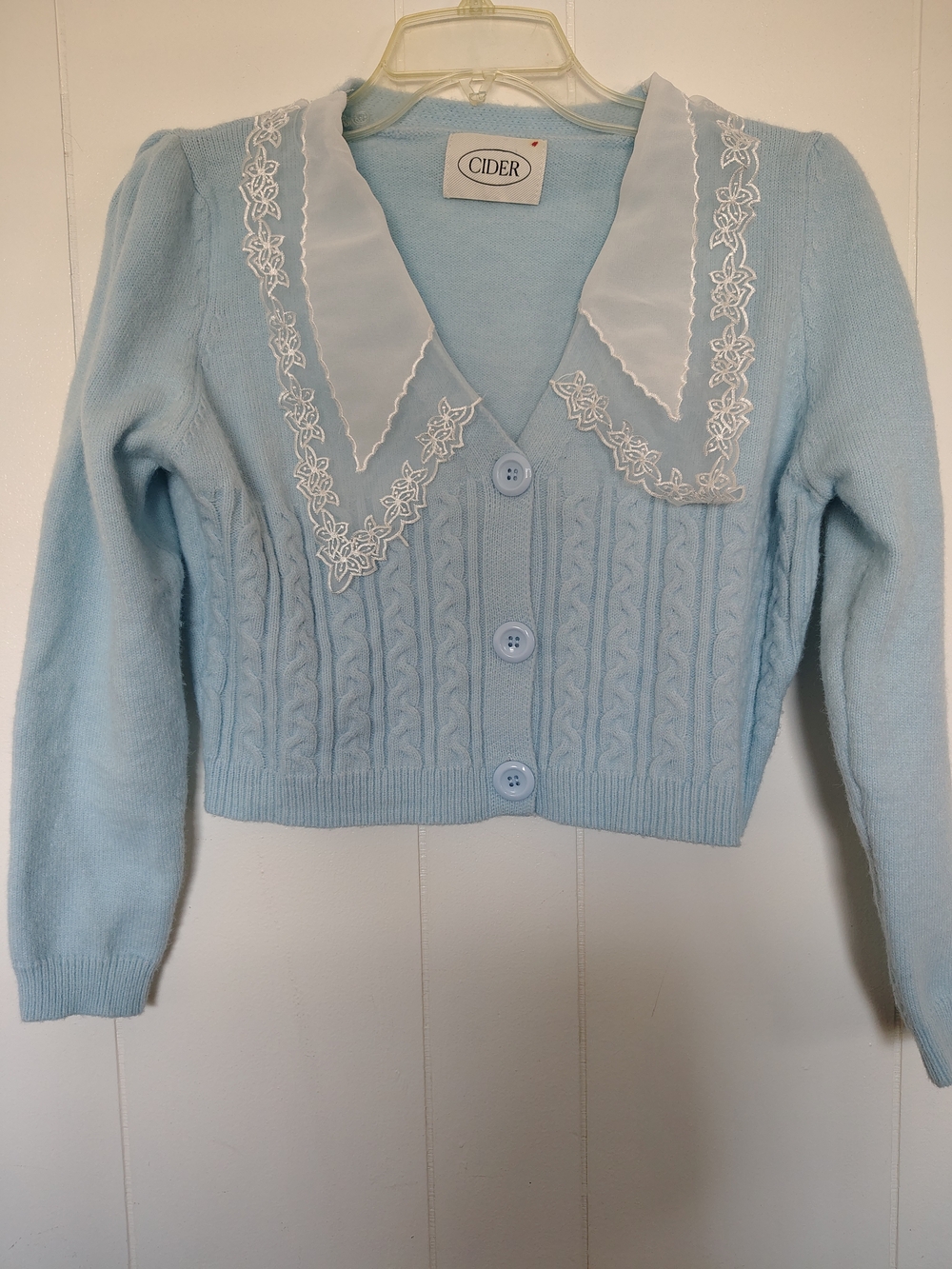 Cider Light Blue Embroidered-Collar Cable Knit Cardigan
